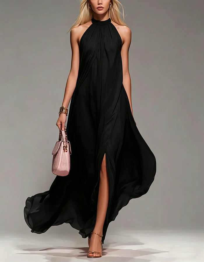 Abito lungo in chiffon rosa chiaro con collo all'americana e spacchi