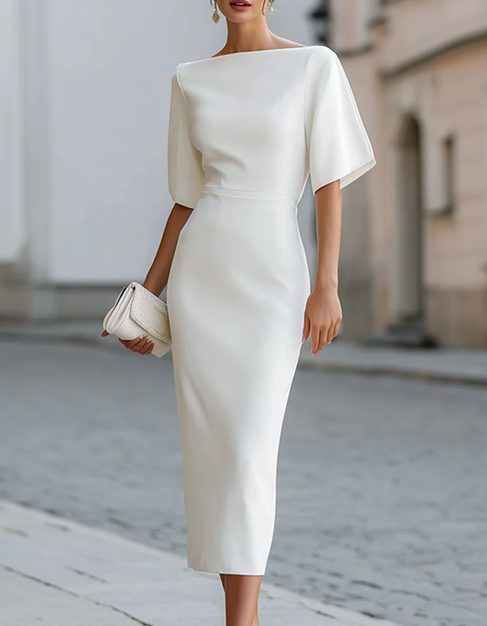 Vestido midi con escote barco y mangas con volantes