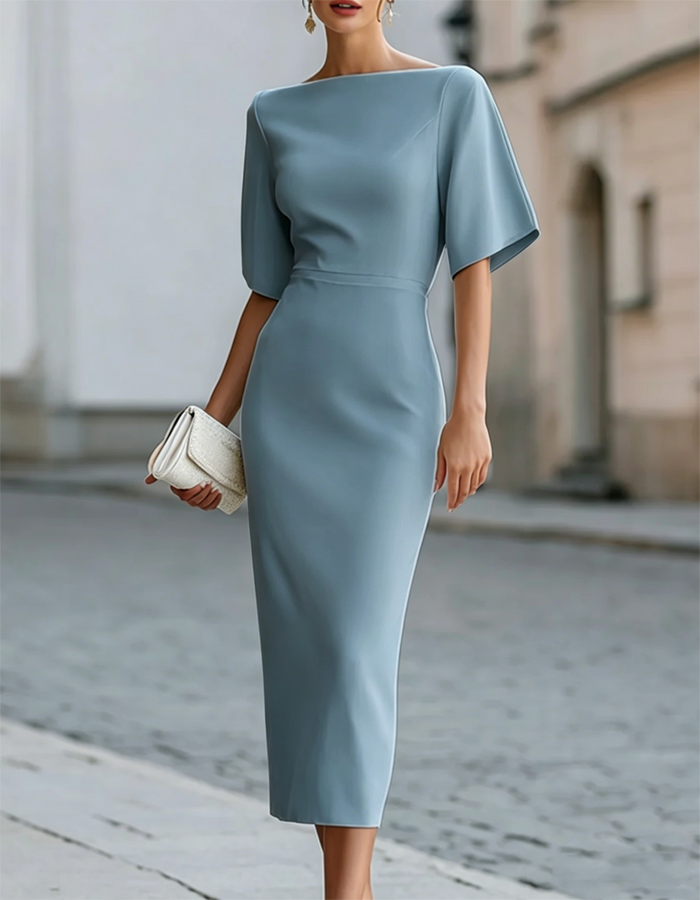Vestido midi con escote barco y mangas con volantes