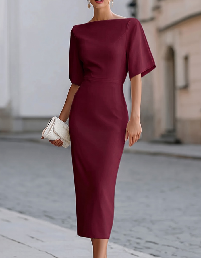 Vestido midi con escote barco y mangas con volantes