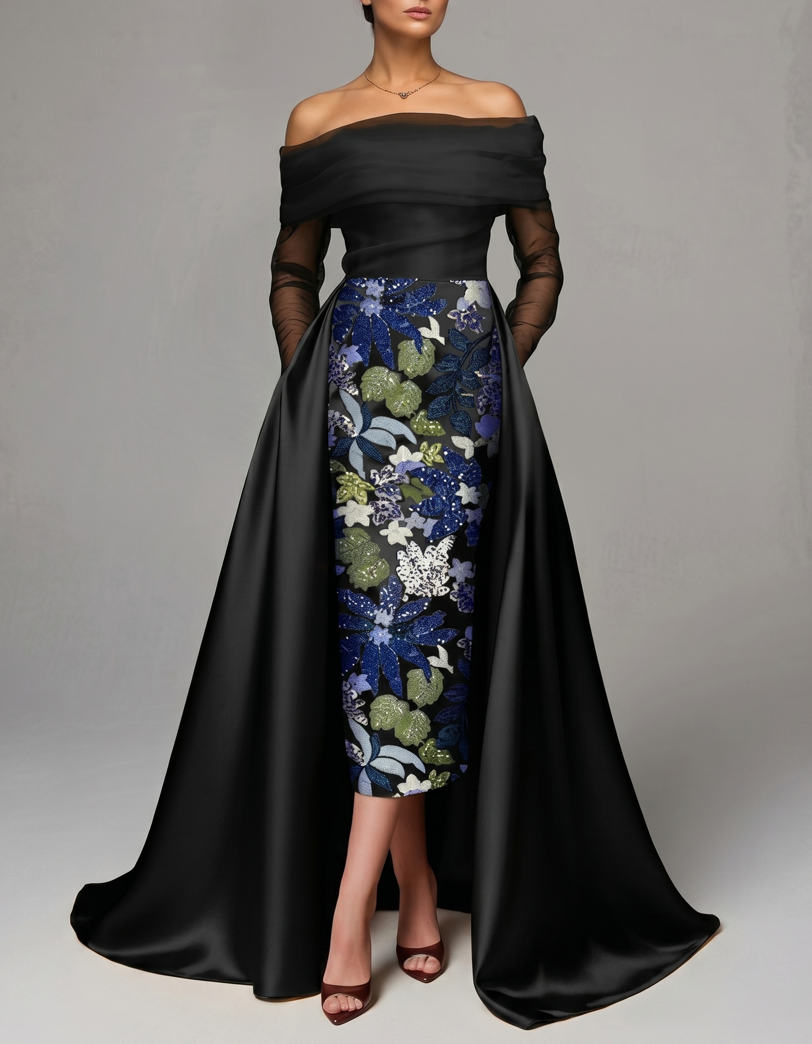 Mesh Satin Off-The-Shoulder Sequined Embroidered Maxi Dress