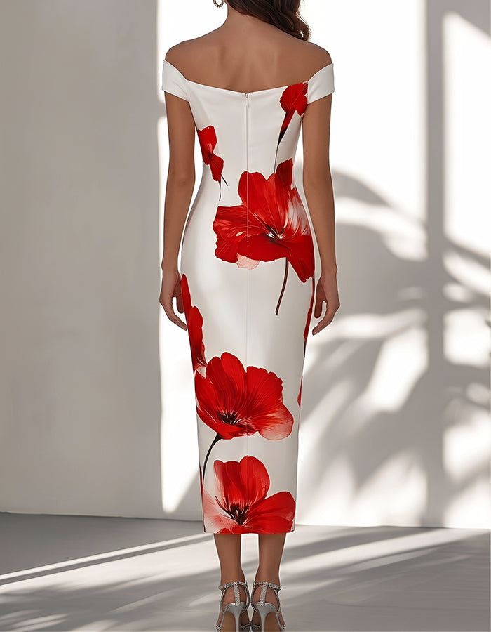 Vestido midi de satén blanco con estampado floral y hombros descubiertos