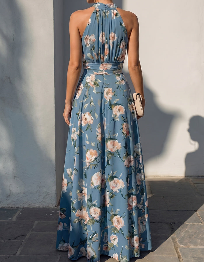 Stofblauwe chiffon maxi-jurk met bloemenprint en halternek  