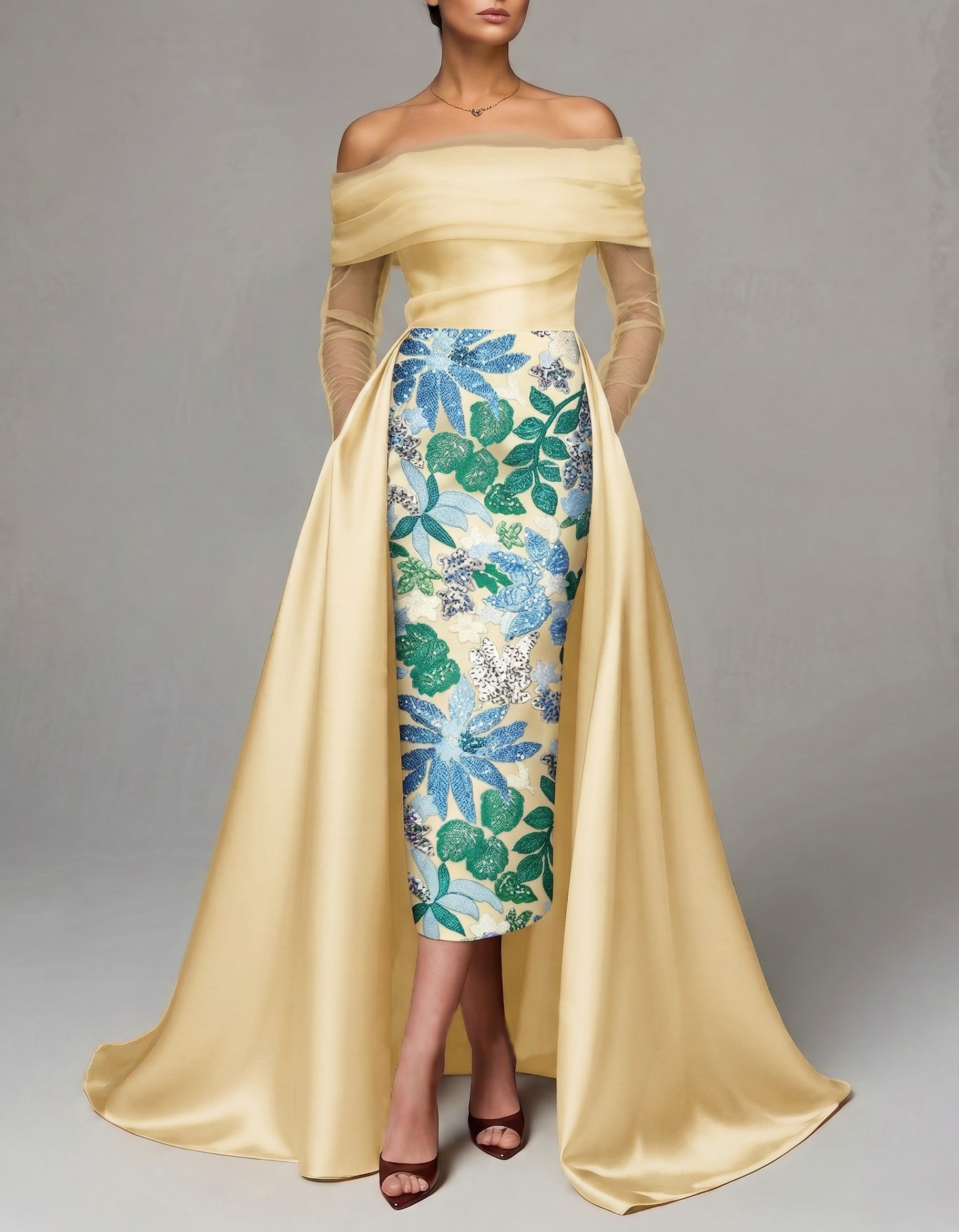 Mesh Satin Off-The-Shoulder Sequined Embroidered Maxi Dress