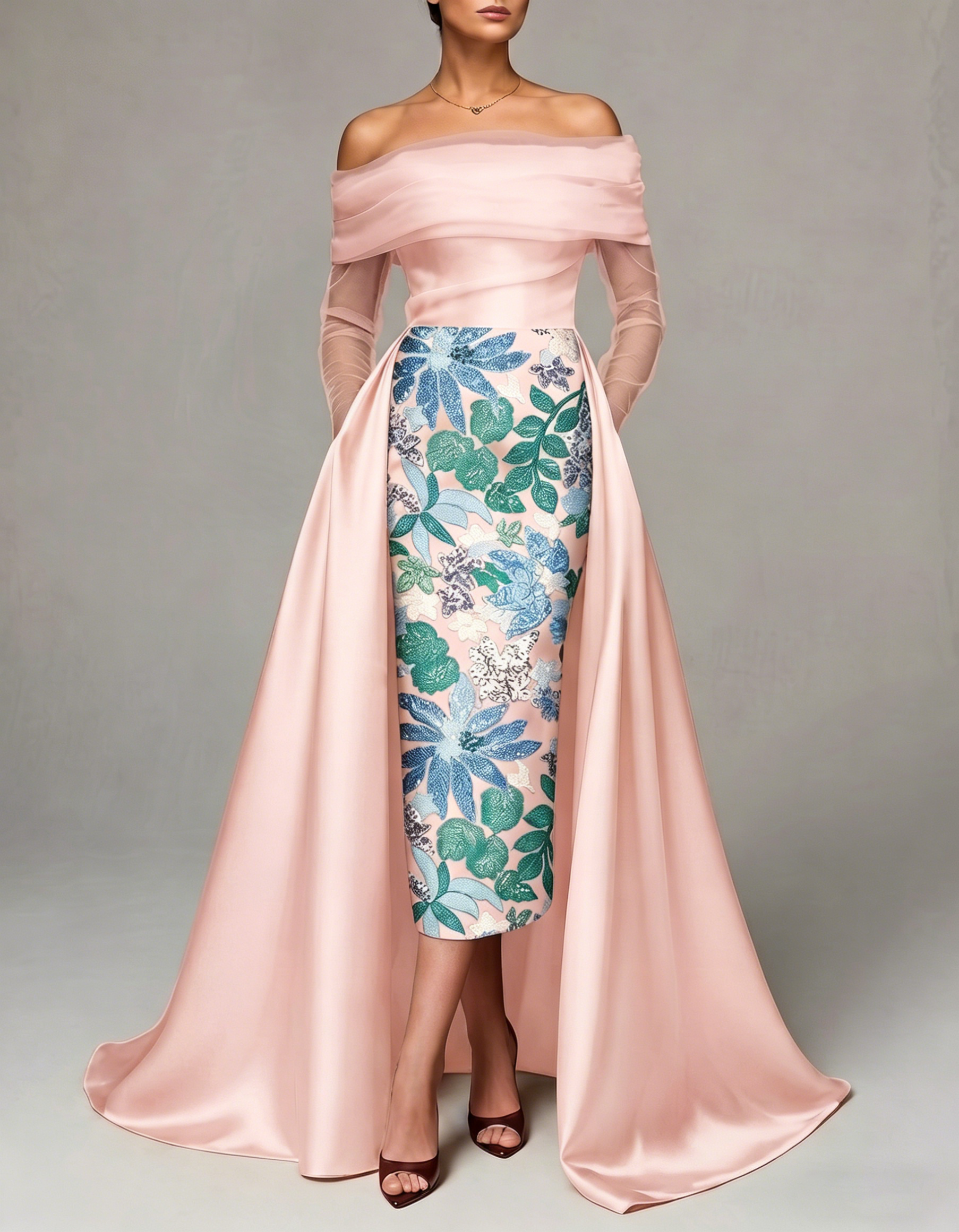 Mesh Satin Off-The-Shoulder Sequined Embroidered Maxi Dress