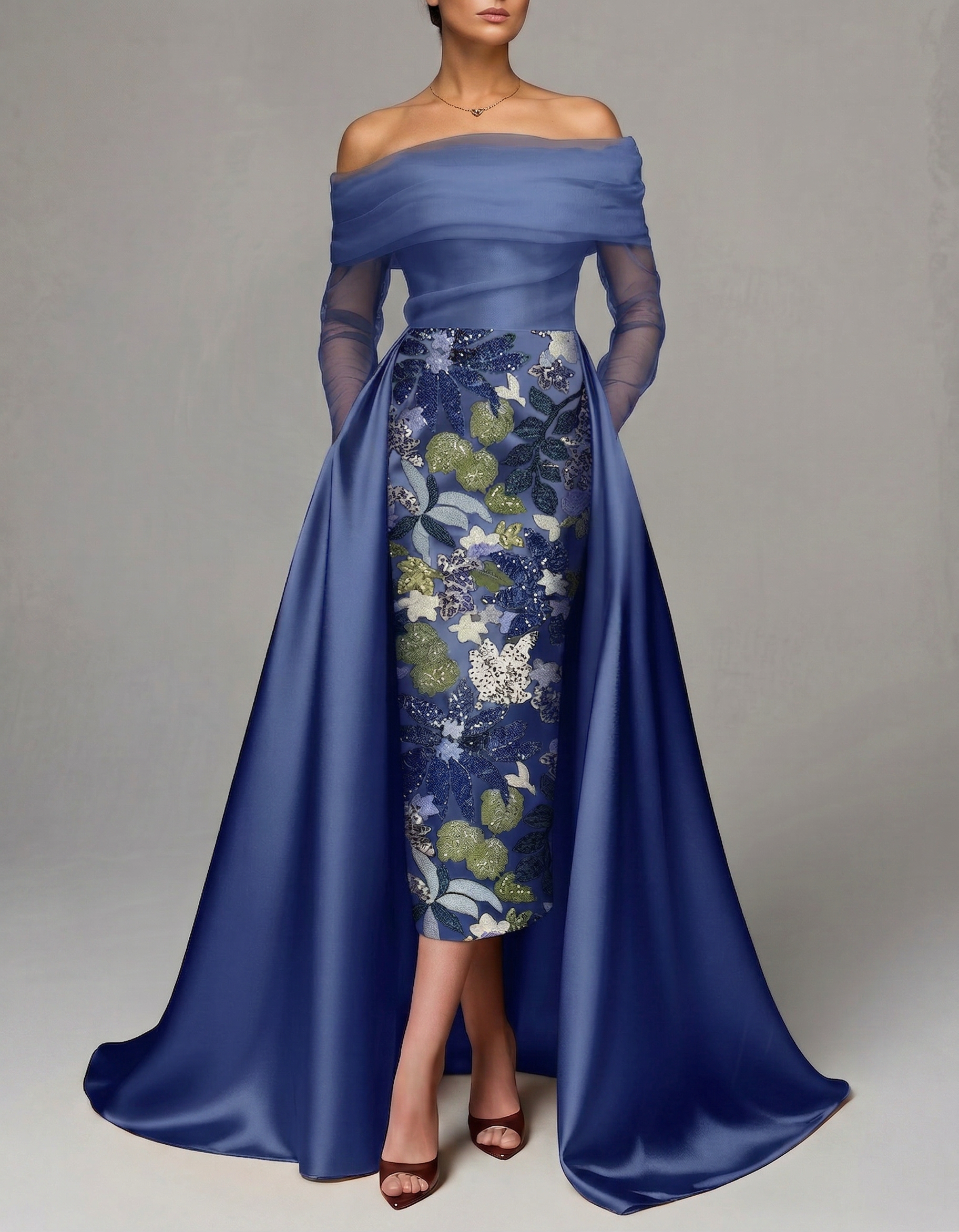 Mesh Satin Off-The-Shoulder Sequined Embroidered Maxi Dress