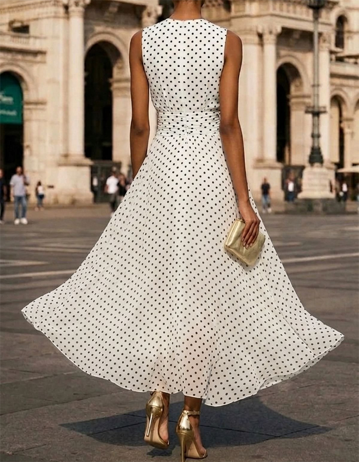 Witte en zwarte polkadot mouwloze chiffon maxi-jurk  