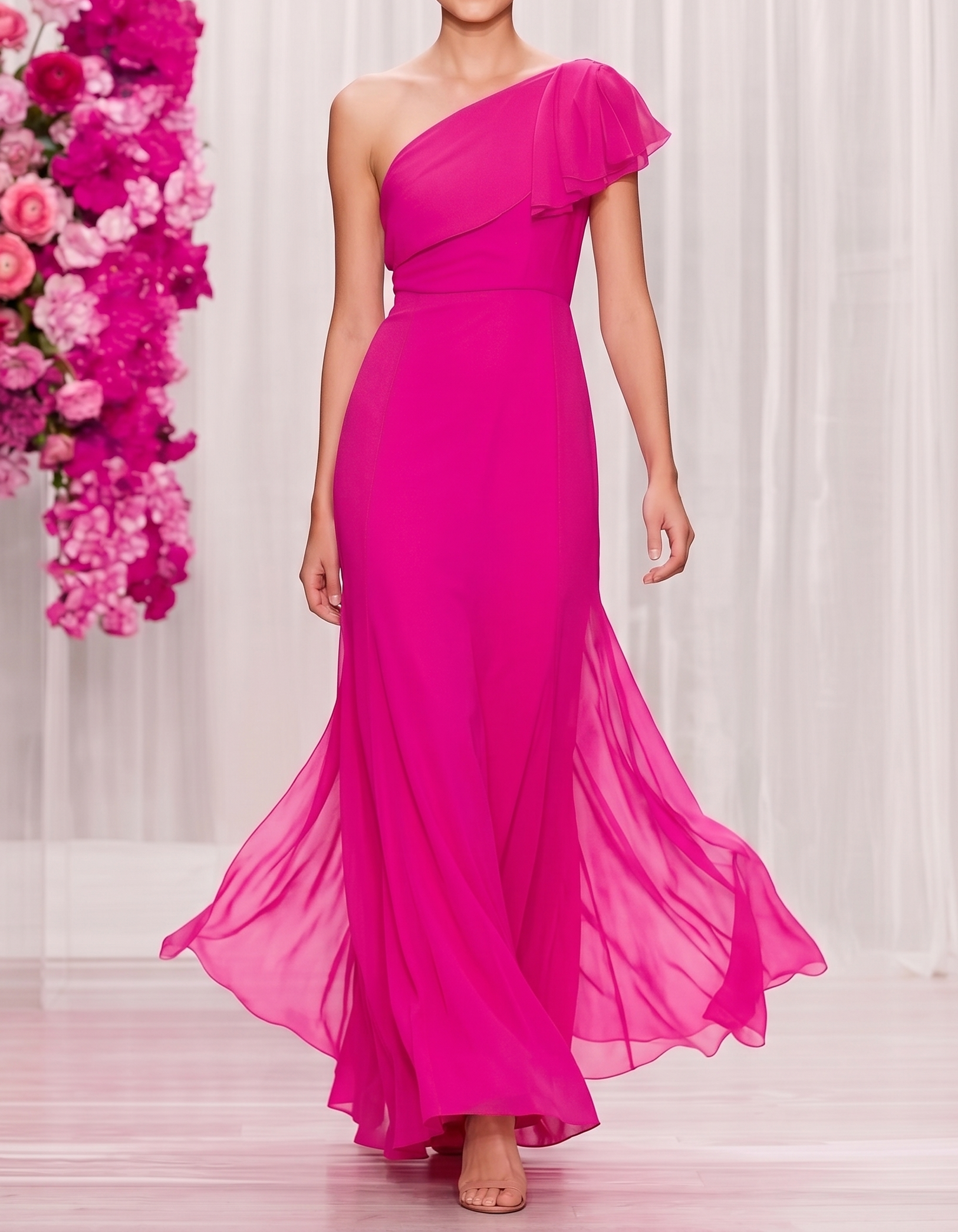 Vestido maxi de gasa rosa fuerte con un solo hombro y cintura ajustada