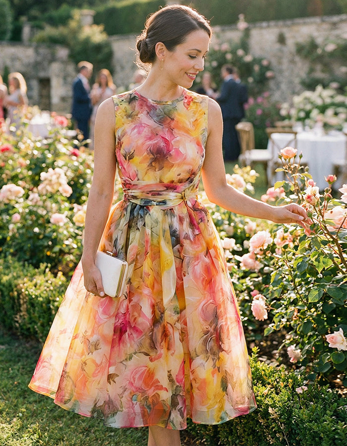 Robe midi évasée sans manches à taille ajustée, imprimé floral style peinture à l'huile