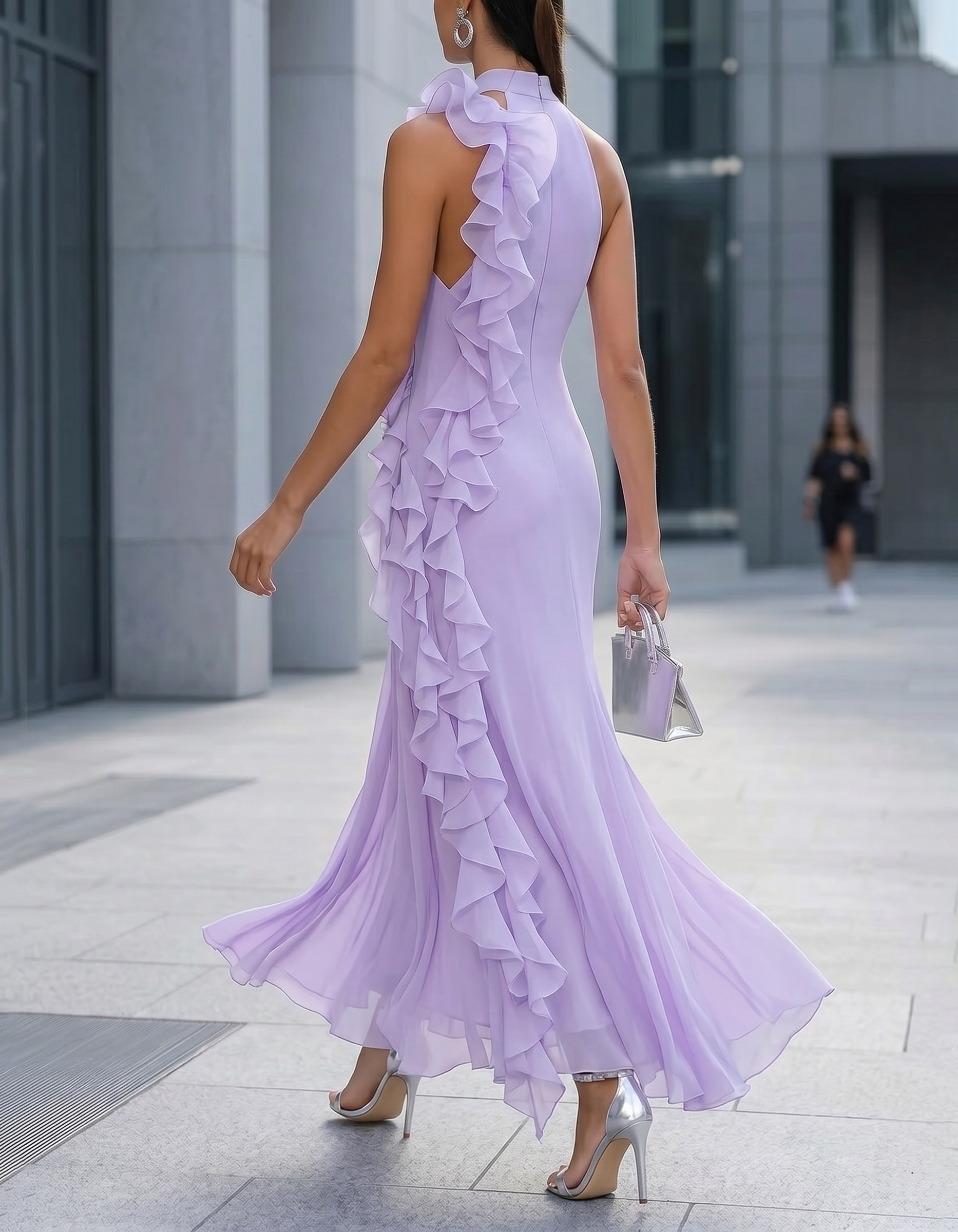 Lichtpaarse chiffon maxi-jurk met halternek en getailleerde taille