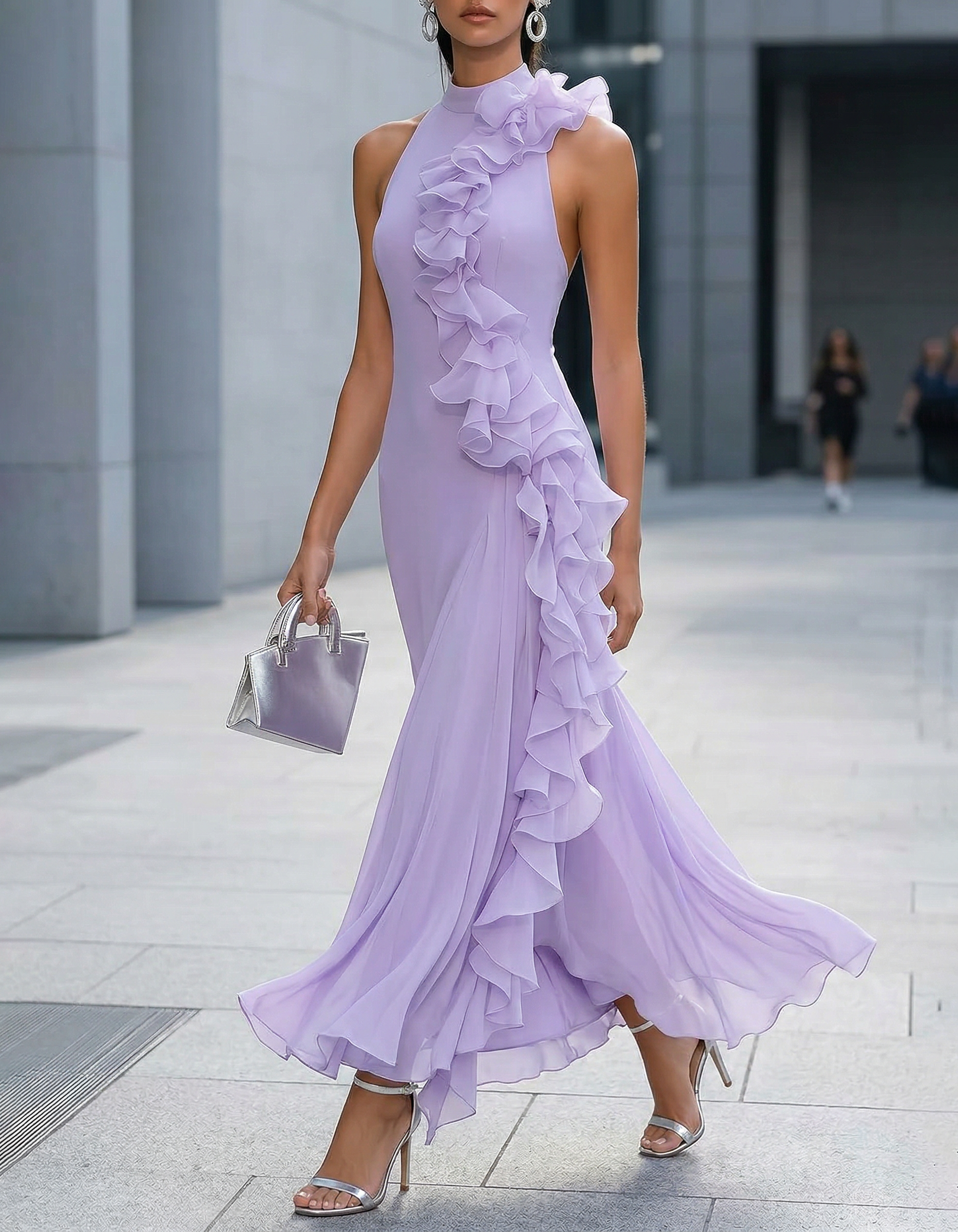Vestido Maxi em Chiffon Roxo Claro com Gola Halter e Cintura Ajustada