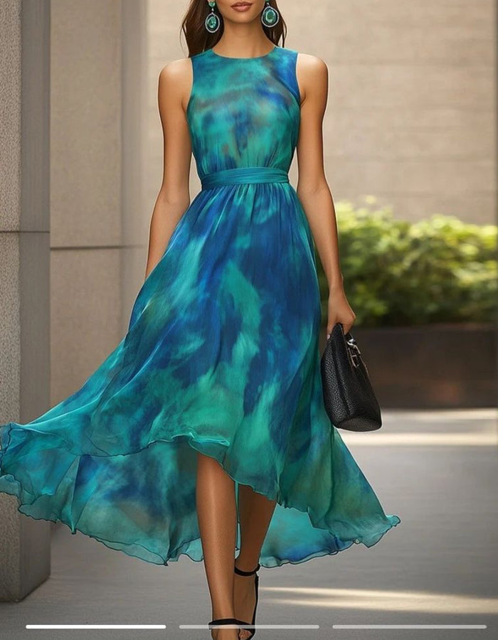 Abito lungo in chiffon tie dye senza maniche, vita aderente e svasatura irregolare