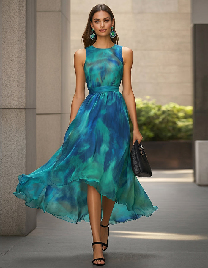 Abito lungo in chiffon tie dye senza maniche, vita aderente e svasatura irregolare
