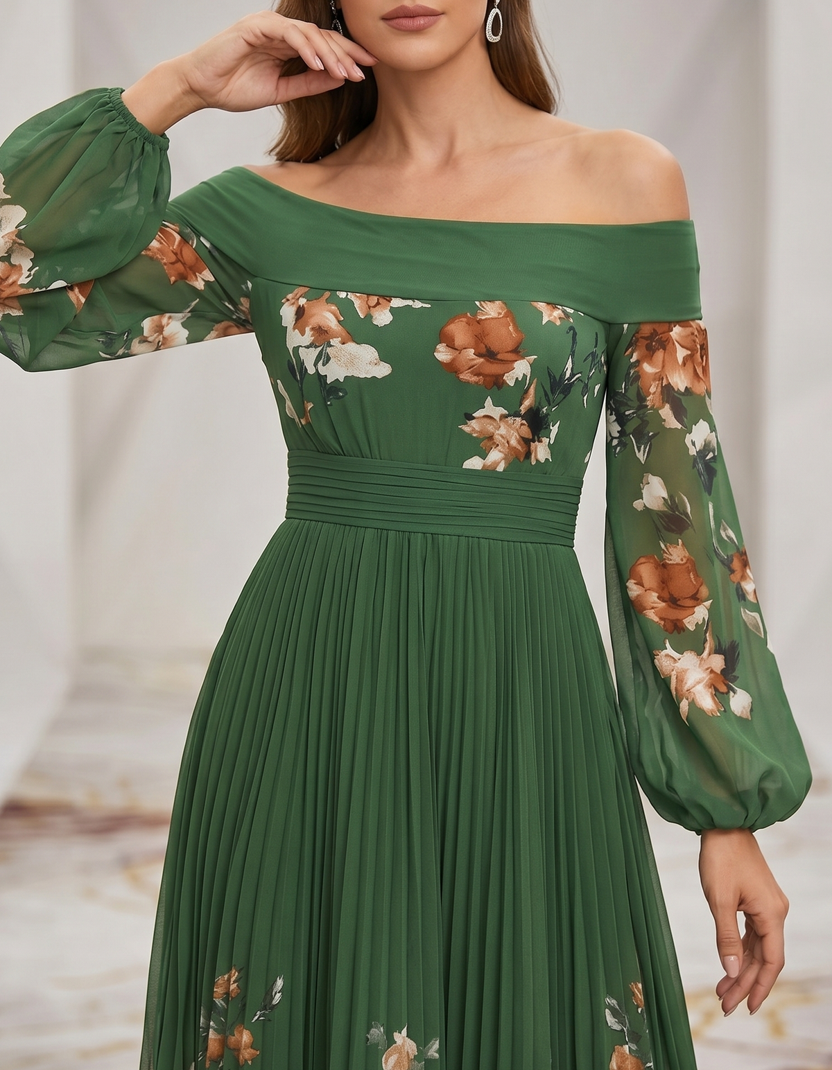 Groene chiffon maxi-jurk met print, off-shoulder en pofmouwen
