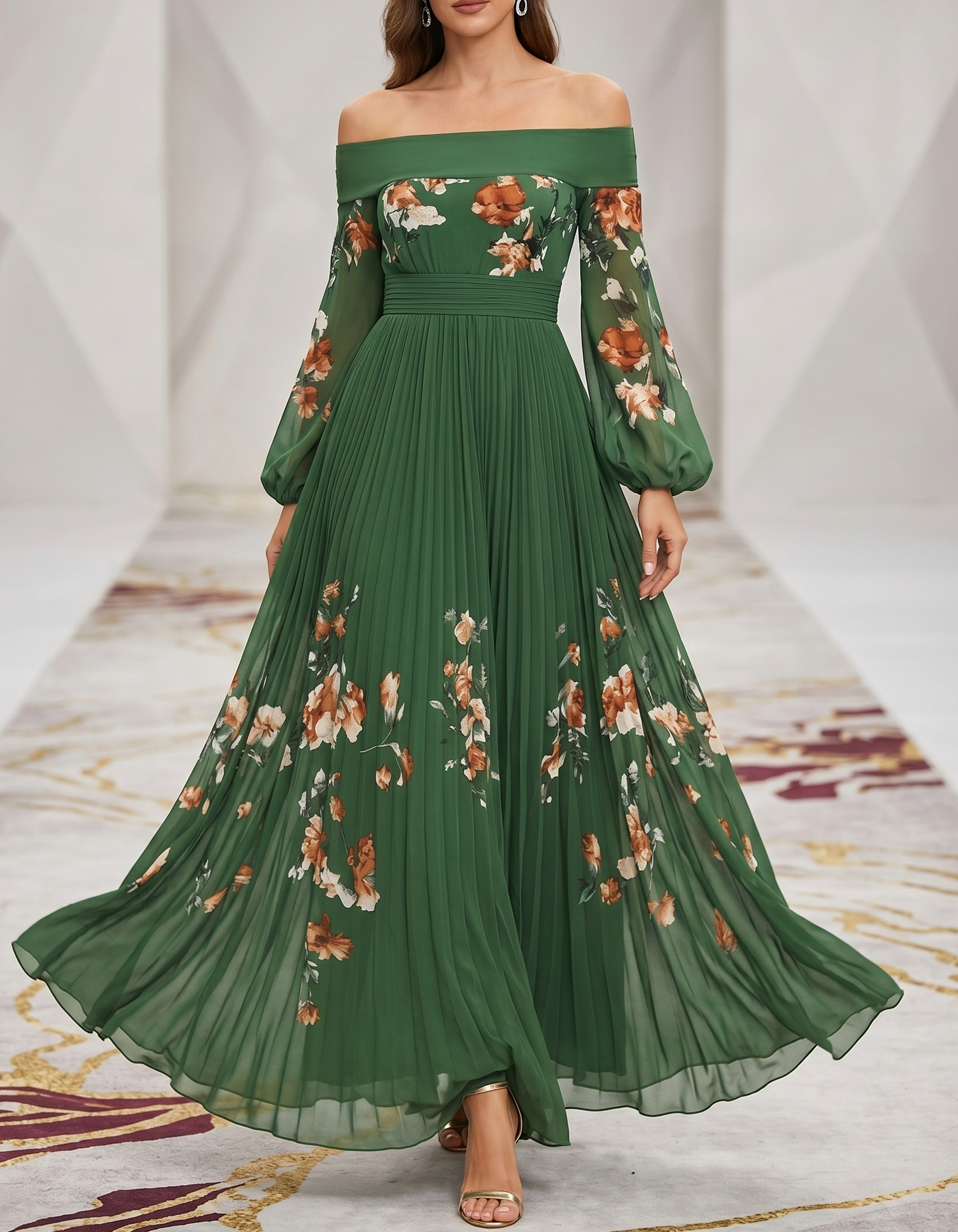 Vestido maxi de gasa verde con estampado, hombros descubiertos y mangas abullonadas
