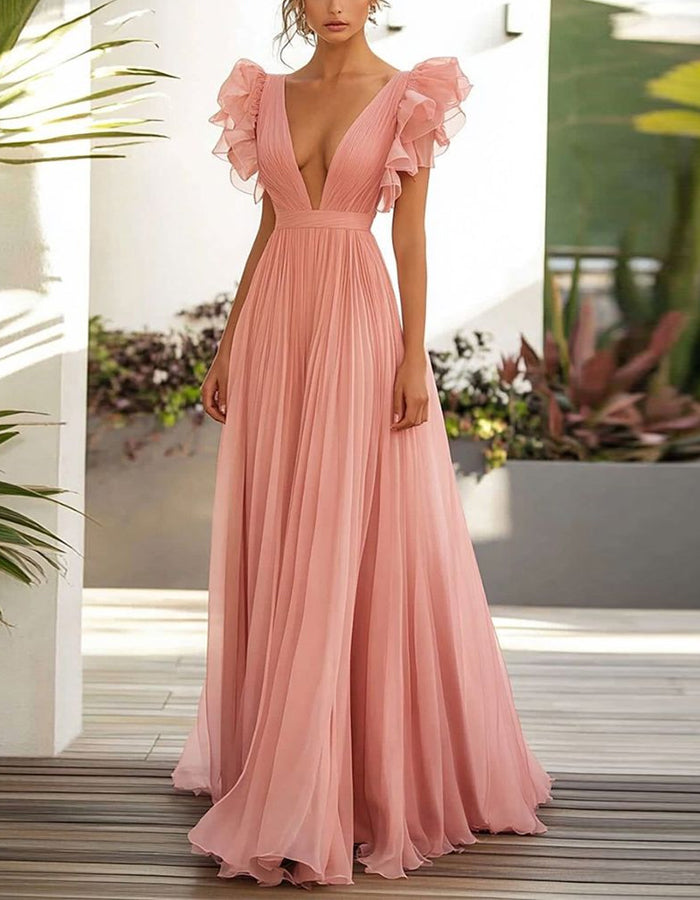 flutter sleeve chiffon v neck dress Pink Deep V-Neck Pleated Maxi – Elirelle brand-CLASSIC PREP Shoe Size (UK):11 Embroidered Chiffon A-Line Floor Maxi dress neck back adds a