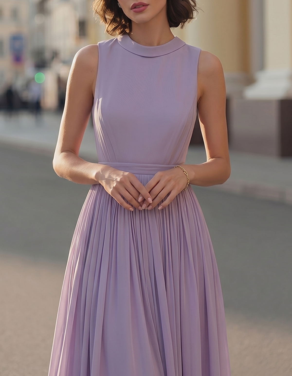 Hellviolettes Chiffon-Midikleid mit rundem Ausschnitt und tailliert