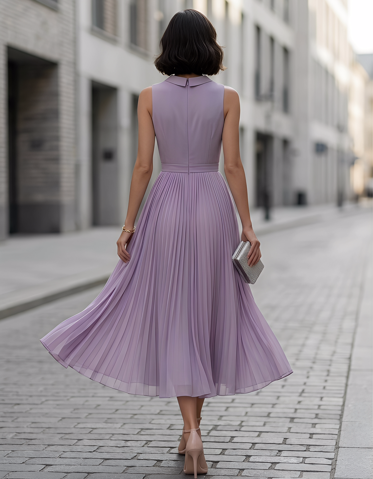 Hellviolettes Chiffon-Midikleid mit rundem Ausschnitt und tailliert