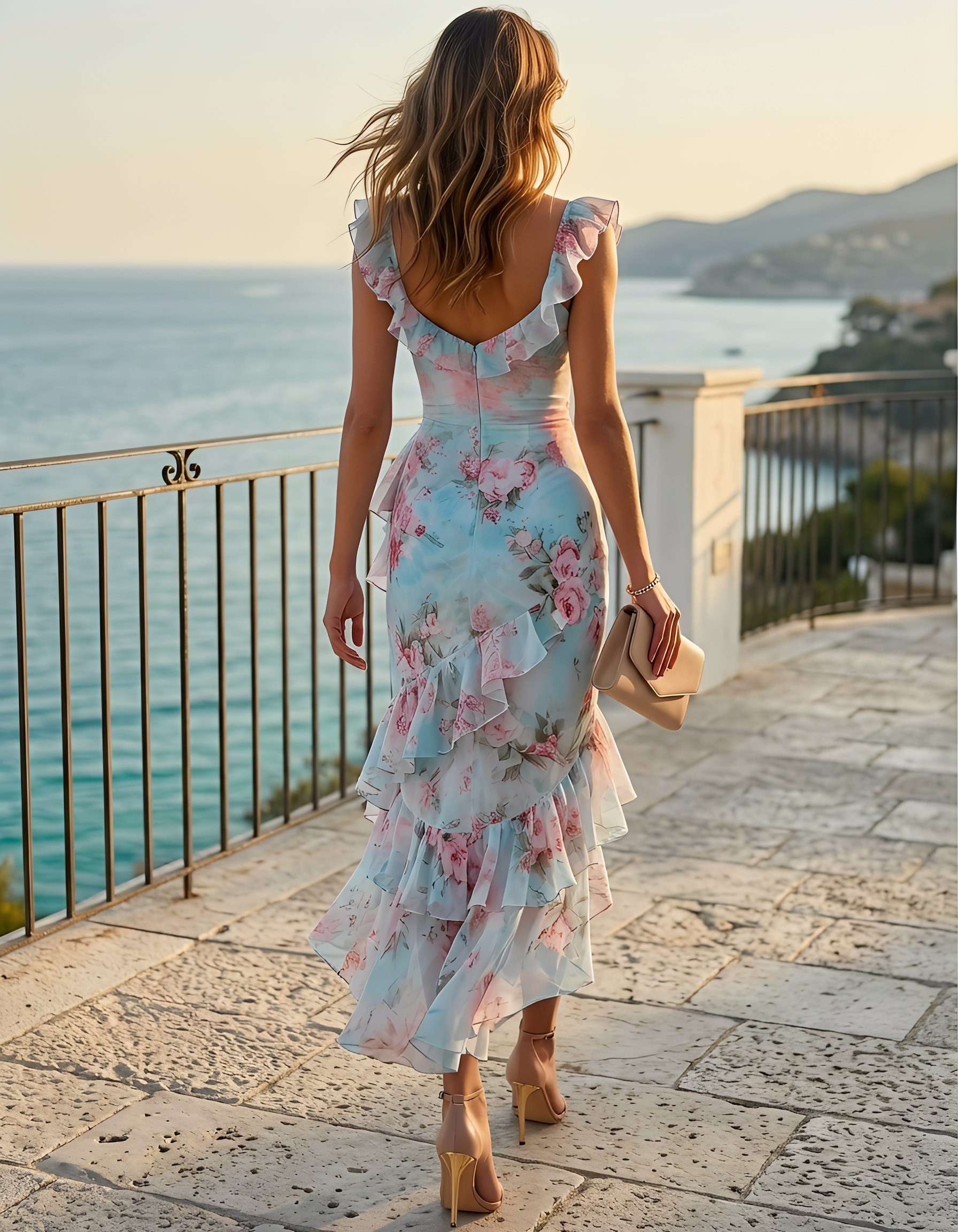 Vestido maxi de gasa azul claro con escote profundo en V, estampado y volantes