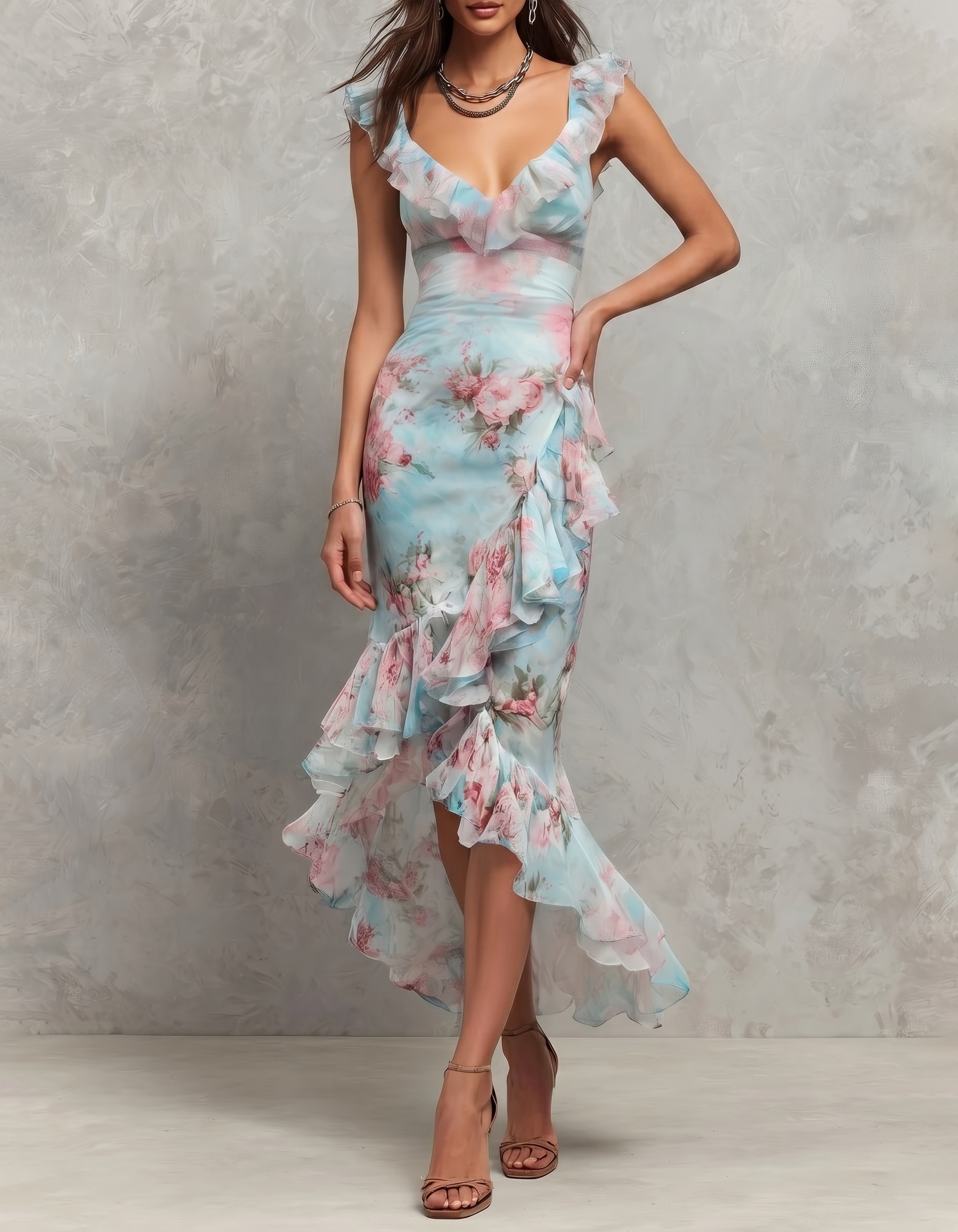 Vestido maxi de gasa azul claro con escote profundo en V, estampado y volantes