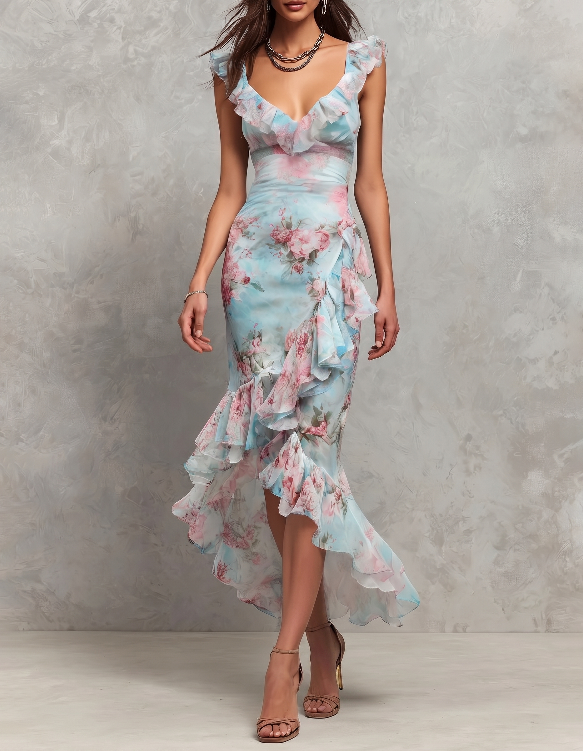 Light Blue Deep V-Neck Chiffon Printed Ruffled Maxi Dress