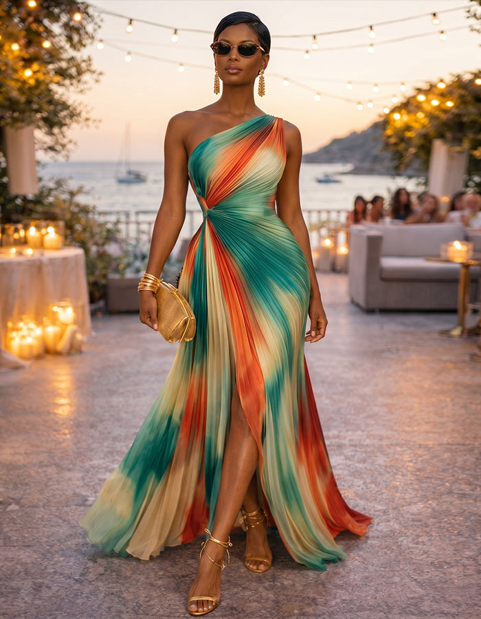 Maxikleid aus plissiertem Chiffon mit One-Shoulder-Träger, Batikmuster in Sonnenuntergangsfarben und Schlitzen