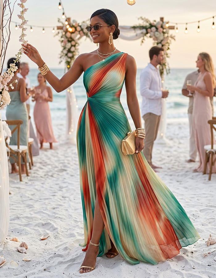 Robe longue en mousseline plissée tie-dye coucher de soleil à une épaule avec fentes