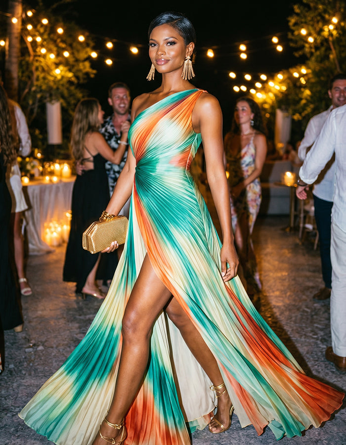 Maxikleid aus plissiertem Chiffon mit One-Shoulder-Träger, Batikmuster in Sonnenuntergangsfarben und Schlitzen