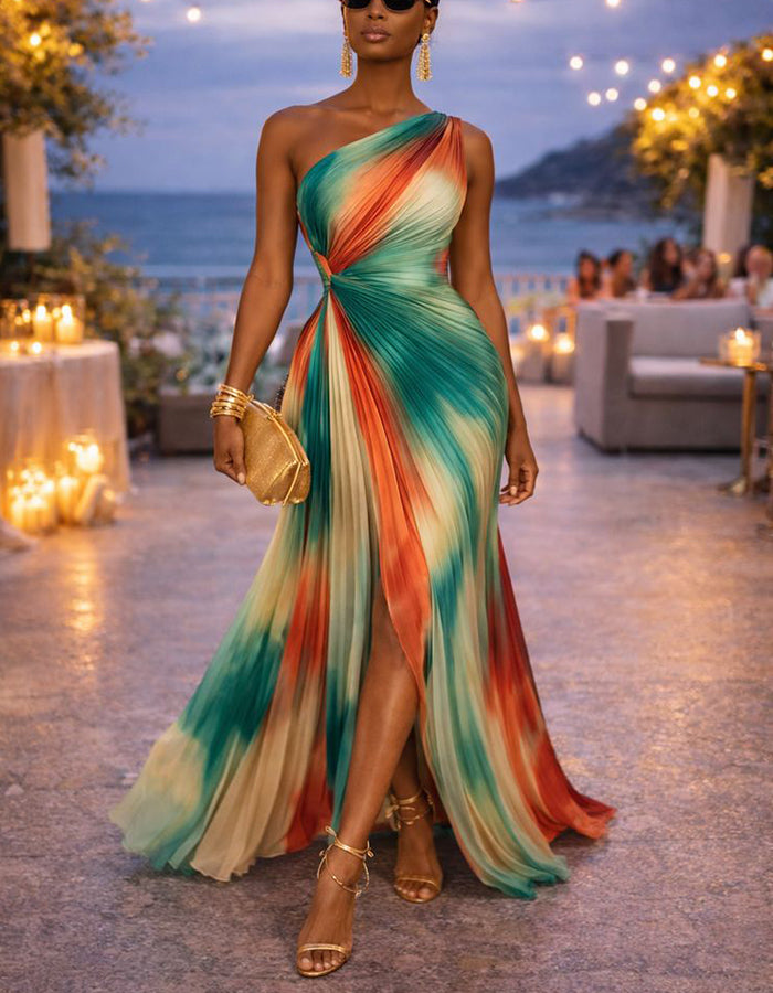 Sunset Tie Dye One Shoulder Pleated Chiffon With Slits Maxi Dress