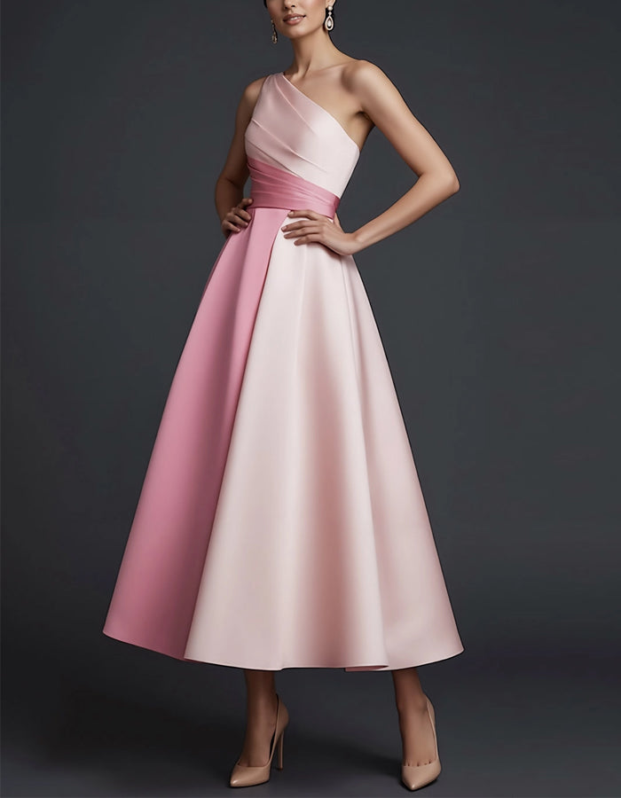 Tonal Contrasting One Shoulder Pleated Satin Midi Dress