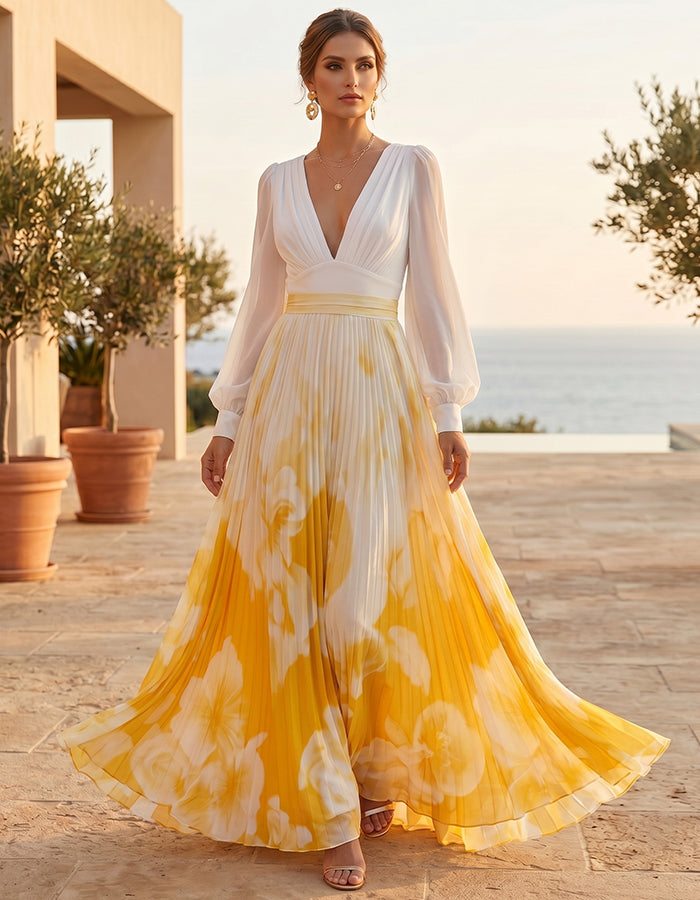 Vestido Maxi Branco e Amarelo com Decote em V, Mangas Lanterna e Estampa Plissada