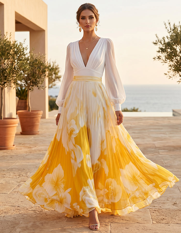 Weiß-gelbes V-Ausschnitt Laternenärmel plissiertes Maxikleid mit Print