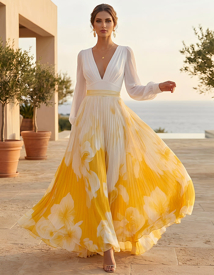 Vestido Maxi Branco e Amarelo com Decote em V, Mangas Lanterna e Estampa Plissada