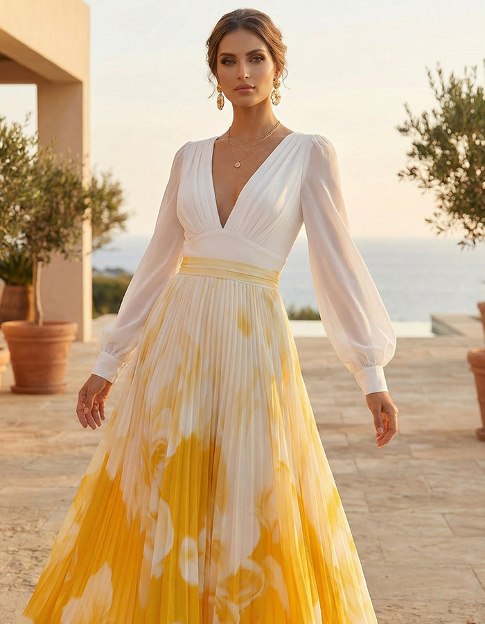 Vestido Maxi Branco e Amarelo com Decote em V, Mangas Lanterna e Estampa Plissada