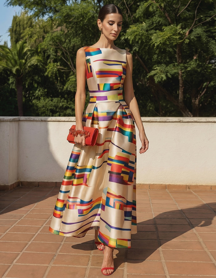 Colorful Geometric Print Sleeveless Fitted Waist Satin Maxi Dress