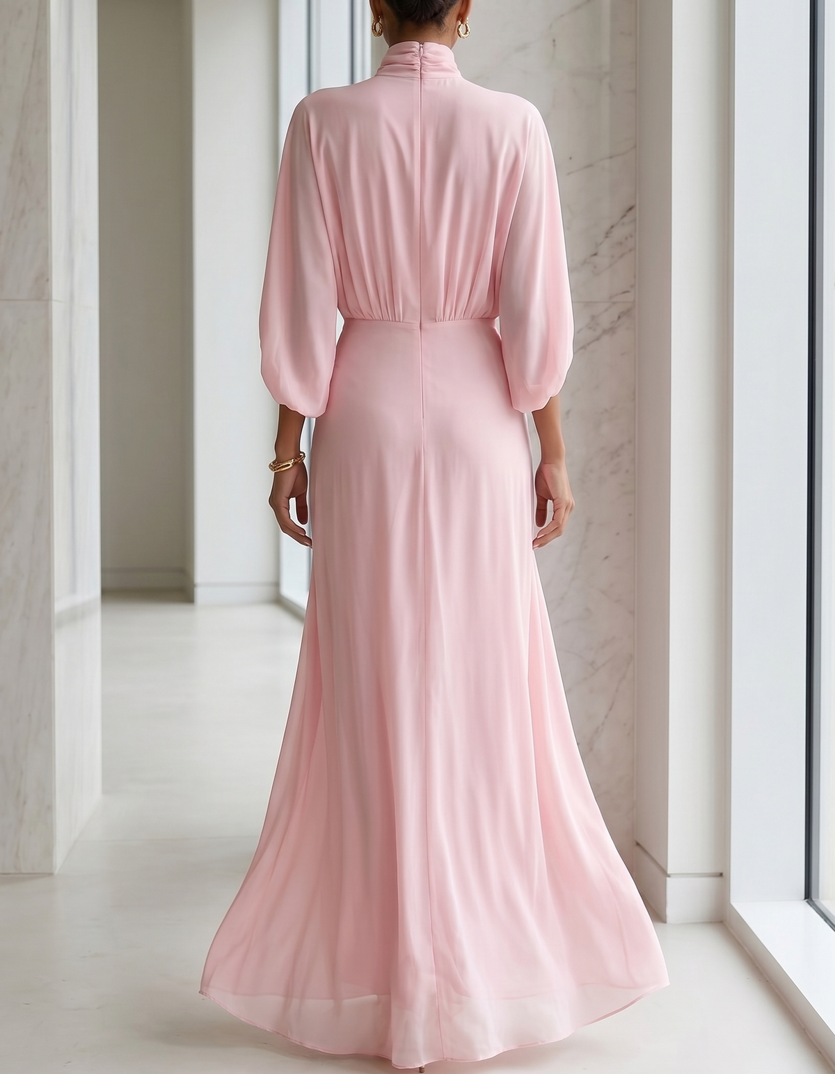 Chiffon High-Neck Puff Sleeve Slit Maxi Dress