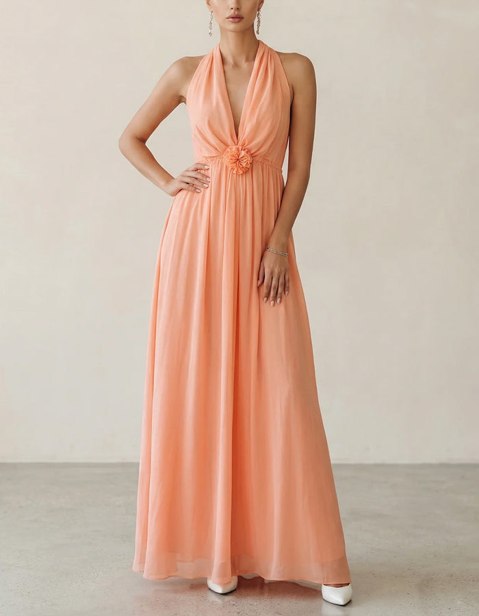 Korallrosa Neckholder Maxi-Kleid mit tiefem V-Ausschnitt und 3D-Blumen Chiffon