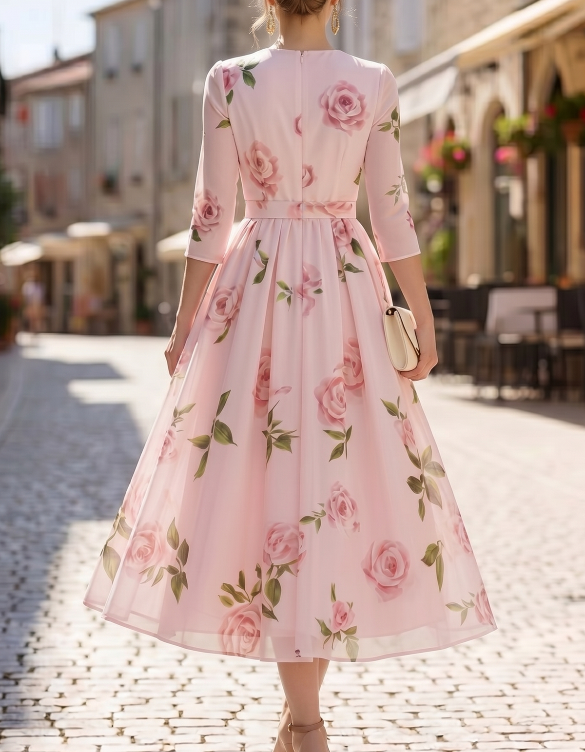 Hellrosa Chiffon-Midikleid mit Blumenmuster und A-Linie
