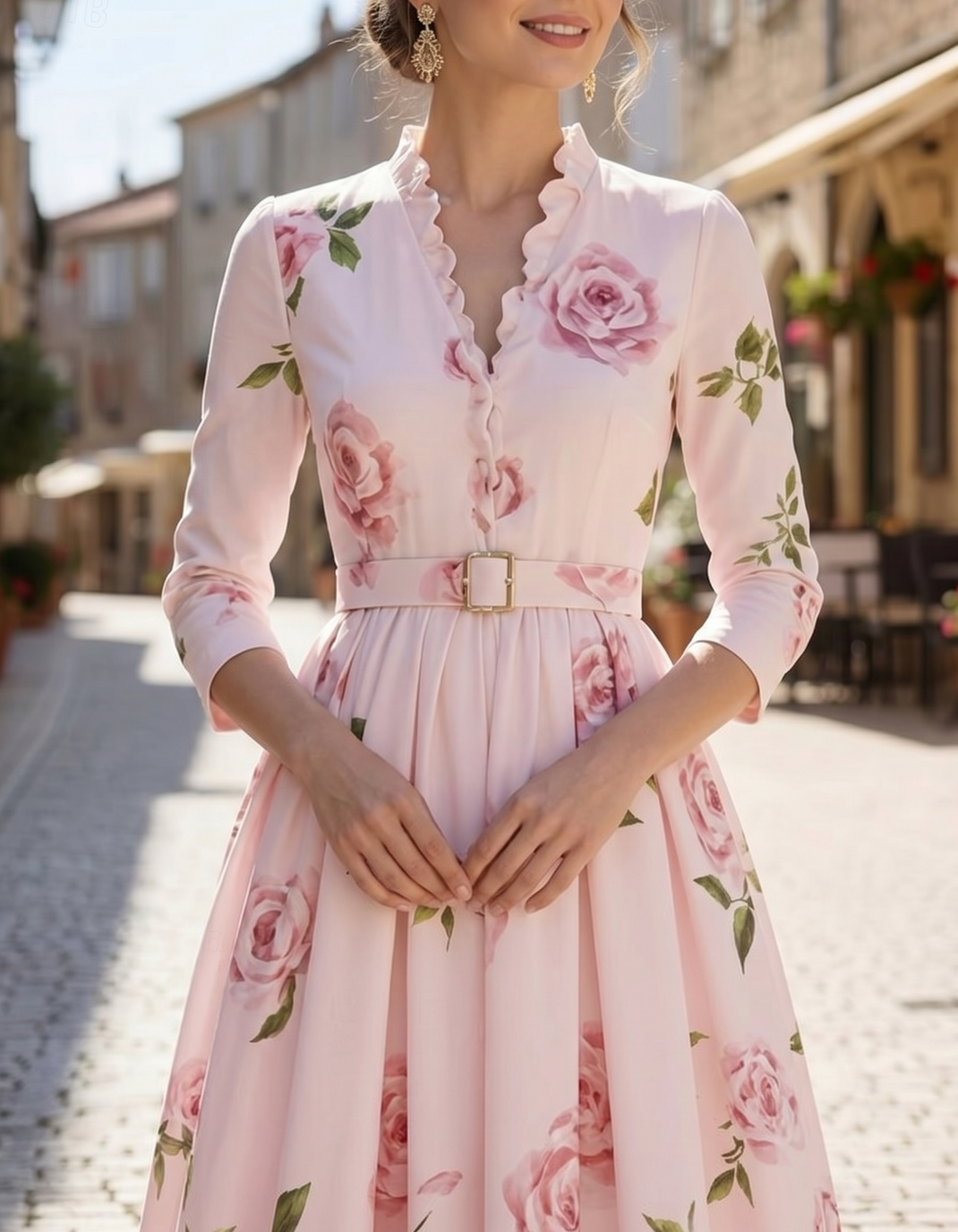 Hellrosa Chiffon-Midikleid mit Blumenmuster und A-Linie