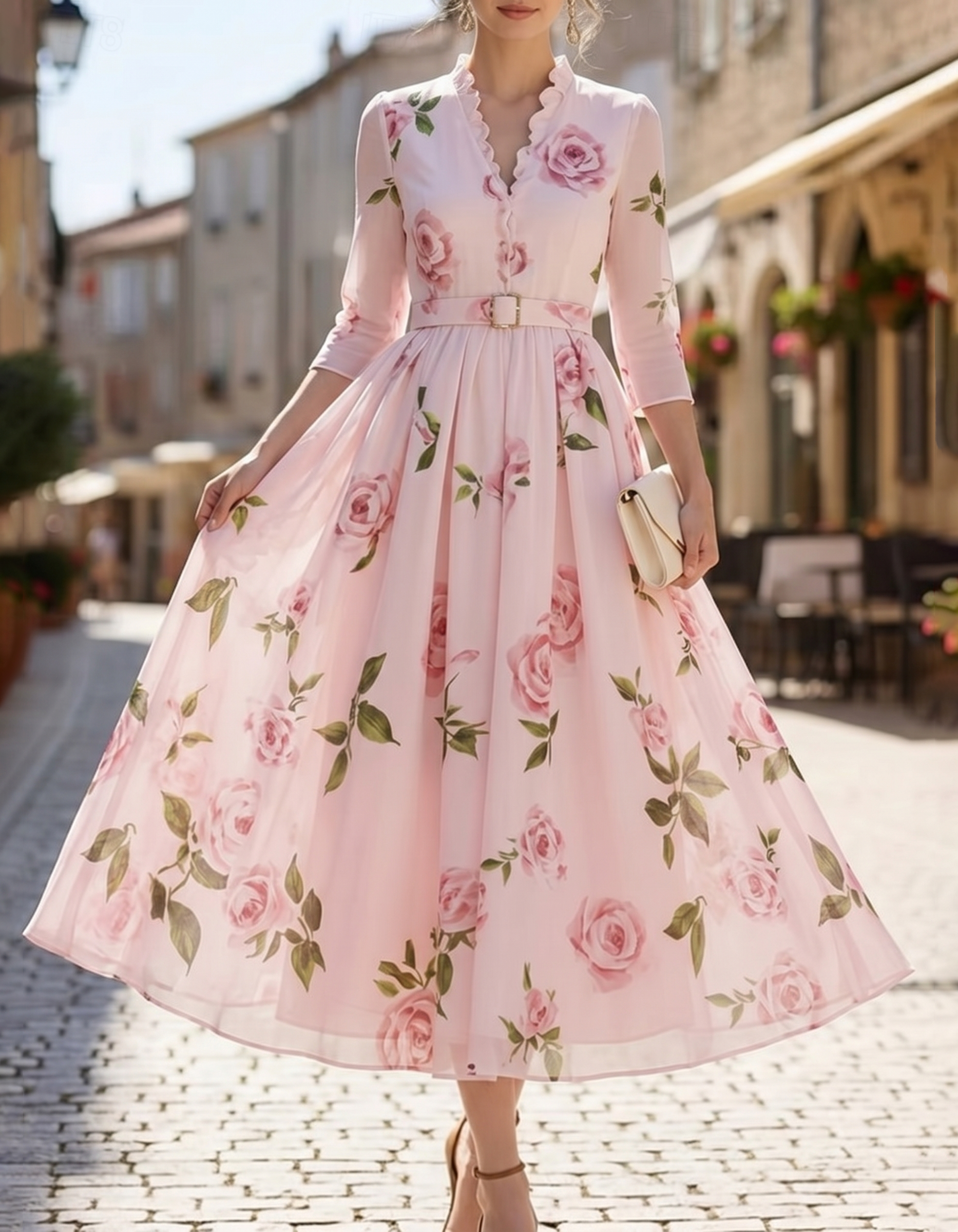 Vestido midi línea A de gasa rosa claro con estampado floral