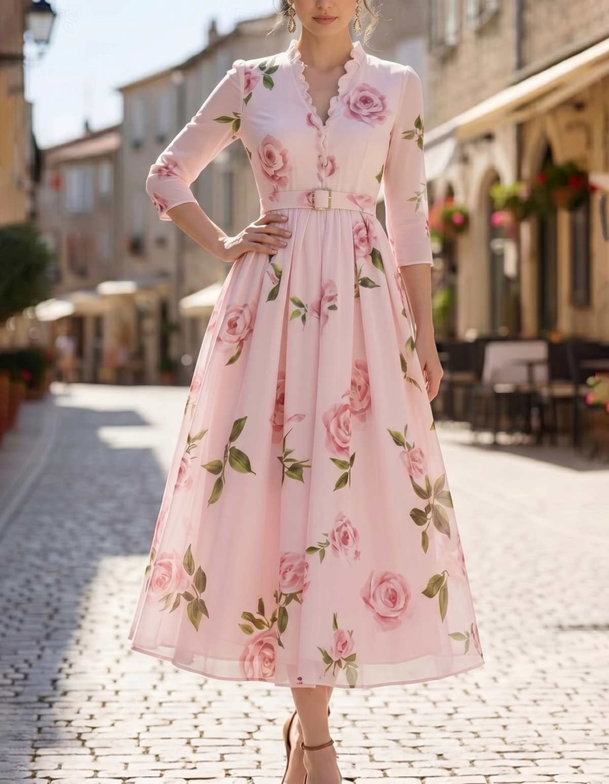 Hellrosa Chiffon-Midikleid mit Blumenmuster und A-Linie