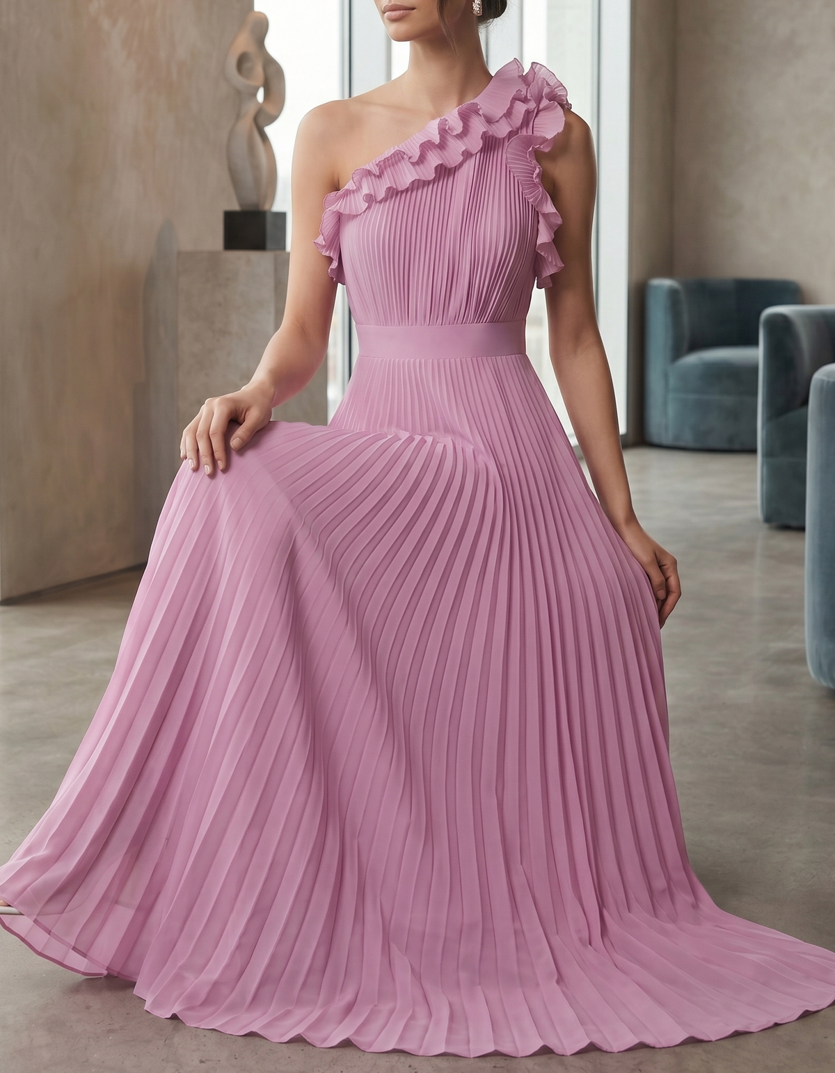 Rosa-lila Chiffon-Maxikleid mit Rüschen, einseitiger Schulter und Falten