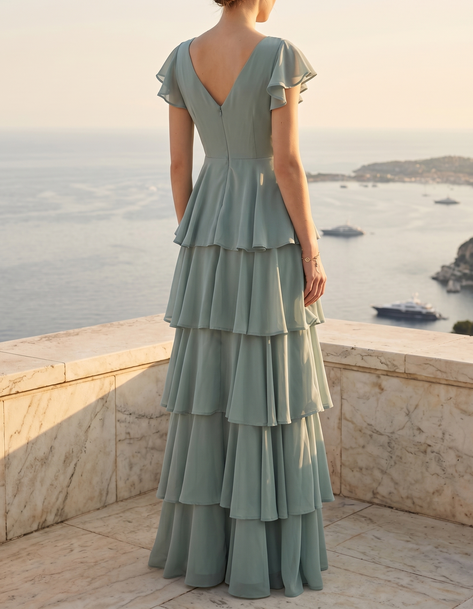 Vestido maxi de pastel con escote en V de gasa azul claro