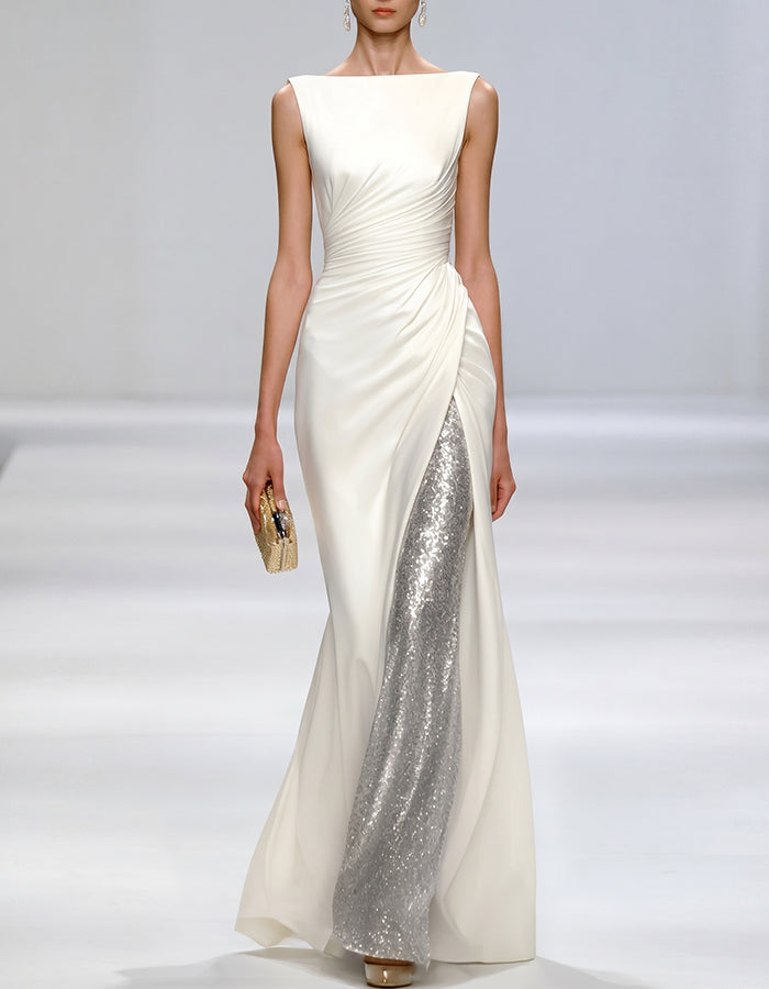 Ivory Satin Boat Neck Ruched Mermaid Maxi Dress