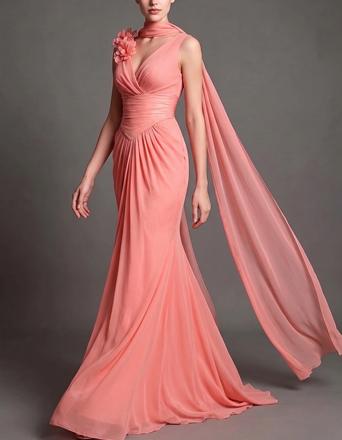 Maxikleid aus Chiffon in Korallenrosa mit Drapierung