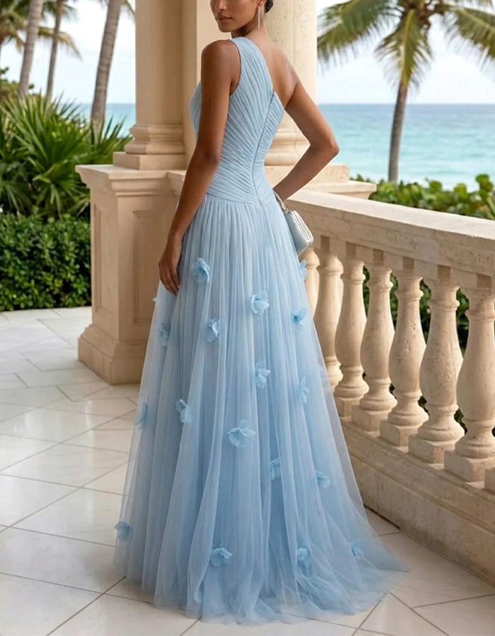 Vestido maxi azul hielo de malla plisada con flores 3D y un solo hombro  