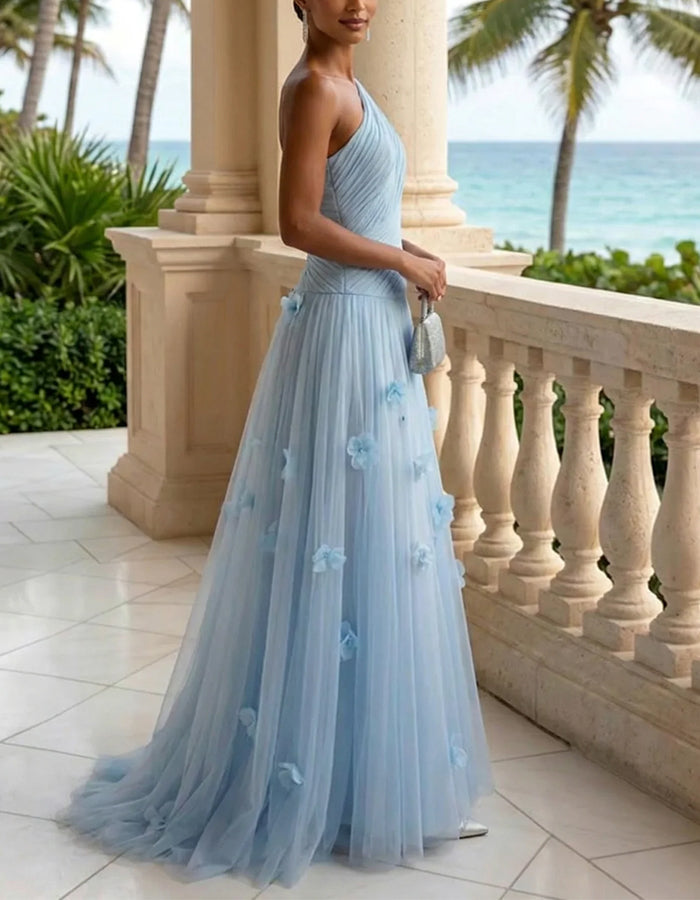 Vestido maxi azul hielo de malla plisada con flores 3D y un solo hombro  