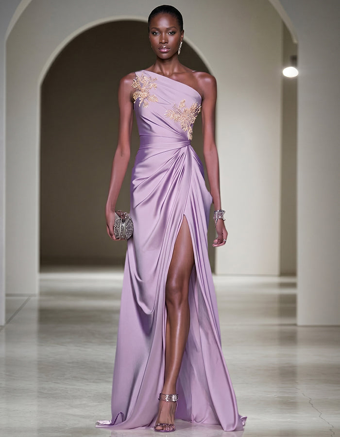 Taro Purple One Shoulder Appliqué Satin With Slit Maxi Dress