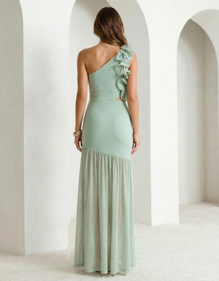 Vestido maxi verde menta de gasa con un solo hombro y volantes  