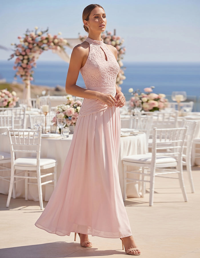 Rosa Chiffon Maxi-Kleid mit Spitzenbesatz